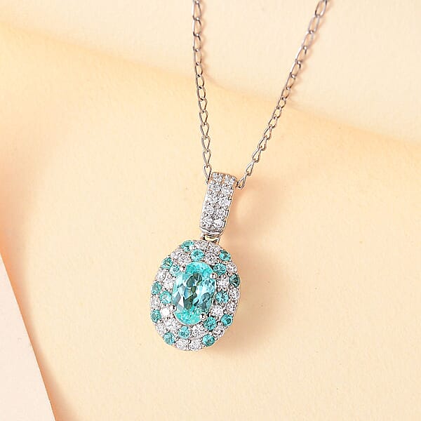 Shop Lc Certified & Appraised Rhapsody AAAA Paraiba Tourmaline And E-F VS Diamond 1.37 Ctw Pendant Necklace In 950 Platinum 18 Inches