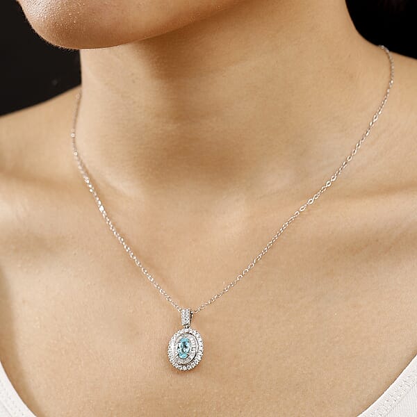 Shop Lc Certified & Appraised Rhapsody AAAA Paraiba Tourmaline And E-F VS2 Diamond 2.00 Ctw Double Halo Pendant Necklace In 950 Platinum 4.60 Grams 20 Inches