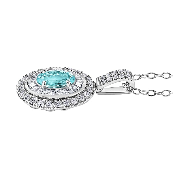 Shop Lc Certified & Appraised Rhapsody AAAA Paraiba Tourmaline And E-F VS2 Diamond 2.00 Ctw Double Halo Pendant Necklace In 950 Platinum 4.60 Grams 20 Inches