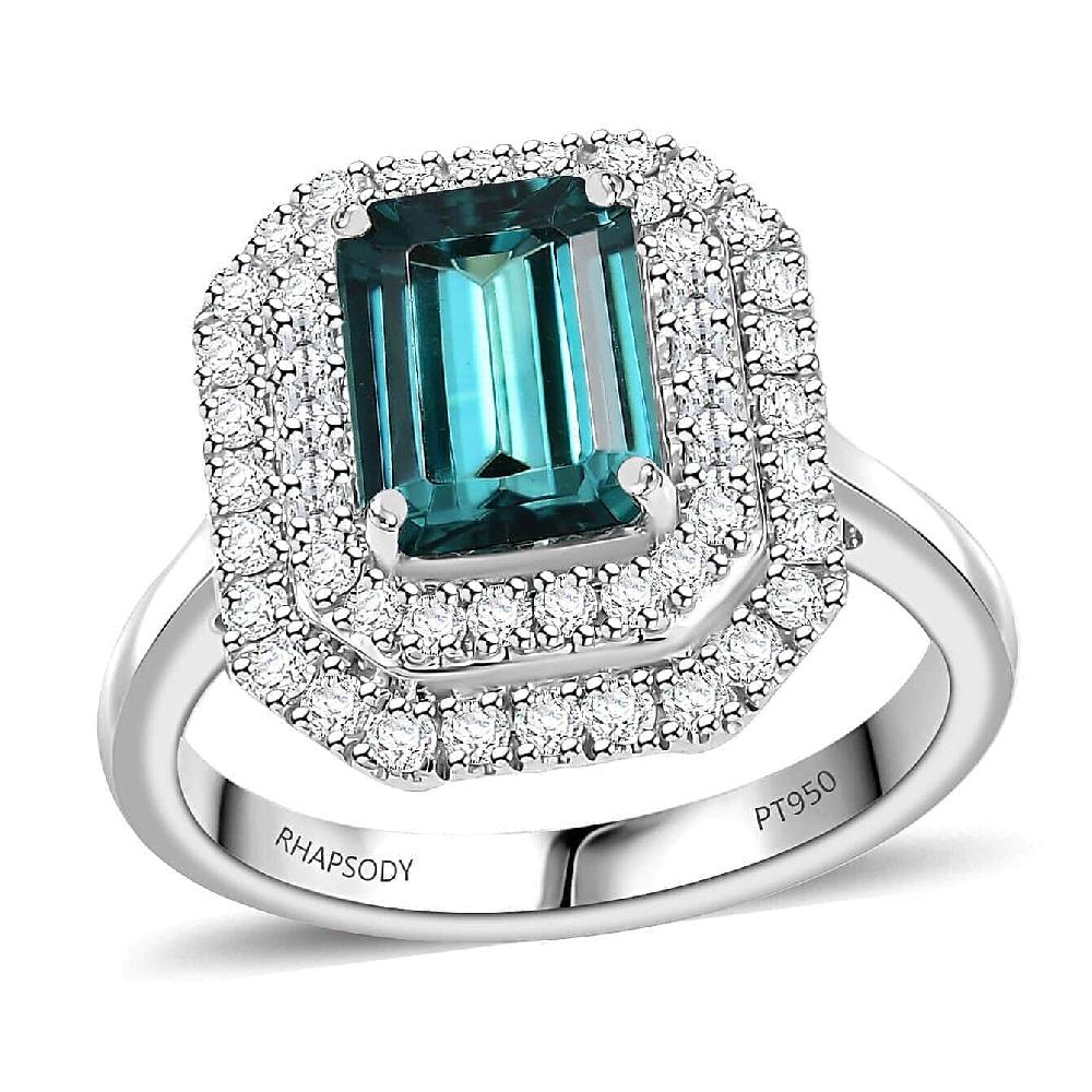 shop lc Certified & Appraised Rhapsody AAAA Pirineu Lagoon Tourmaline and E-F VS2 Diamond 3.30 ctw Double Halo Ring in 950 Platinum (Size 10.0) 8.05 Grams