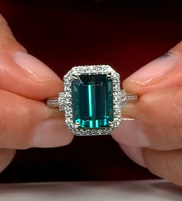 Shop Lc Certified & Appraised Rhapsody AAAA Pirineu Lagoon Tourmaline And E-F VS Diamond 10.10 Ctw Ring In 950 Platinum 9.25 Grams
