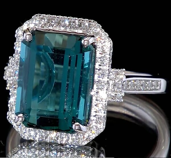 Shop Lc Certified & Appraised Rhapsody AAAA Pirineu Lagoon Tourmaline And E-F VS Diamond 10.10 Ctw Ring In 950 Platinum 9.25 Grams