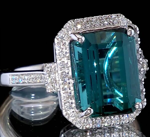 Shop Lc Certified & Appraised Rhapsody AAAA Pirineu Lagoon Tourmaline And E-F VS Diamond 10.10 Ctw Ring In 950 Platinum 9.25 Grams
