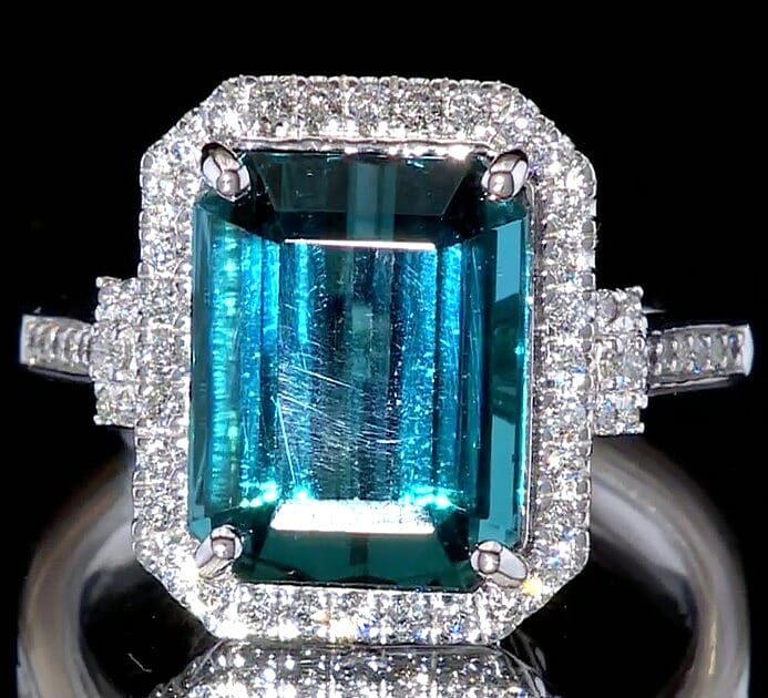 shop lc Certified & Appraised Rhapsody AAAA Pirineu Lagoon Tourmaline and E-F VS Diamond 10.10 ctw Ring in 950 Platinum 9.25 Grams