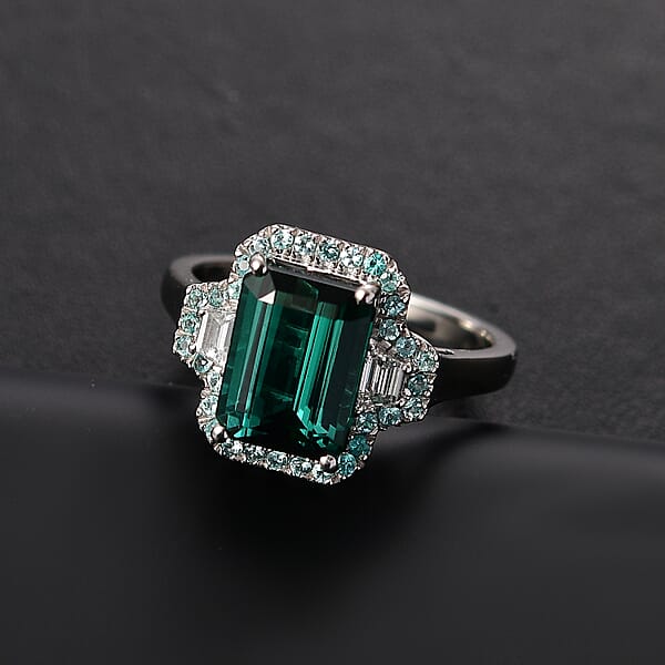 Shop Lc Certified & Appraised Rhapsody AAAA Pirineu Lagoon Tourmaline Paraiba Tourmaline And E-F VS2 Diamond 5.25 Ctw Halo Ring In 950 Platinum