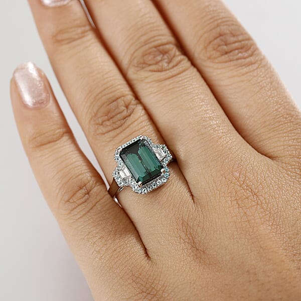 Shop Lc Certified & Appraised Rhapsody AAAA Pirineu Lagoon Tourmaline Paraiba Tourmaline And E-F VS2 Diamond 5.25 Ctw Halo Ring In 950 Platinum