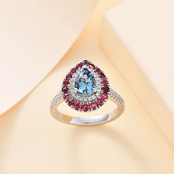 Shop Lc Certified & Appraised Rhapsody AAAA Santa Maria Aquamarine Ouro Fino Rubellite And E-F VS Diamond 2.00 Ctw Double Halo Ring In 950 Platinum 6.78 Grams