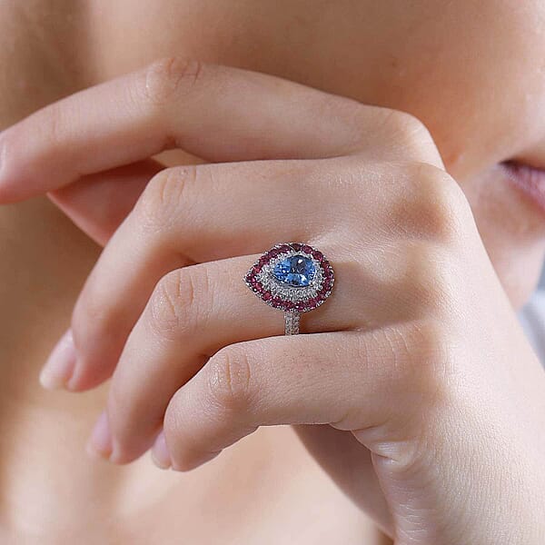Shop Lc Certified & Appraised Rhapsody AAAA Santa Maria Aquamarine Ouro Fino Rubellite And E-F VS Diamond 2.00 Ctw Double Halo Ring In 950 Platinum 6.78 Grams
