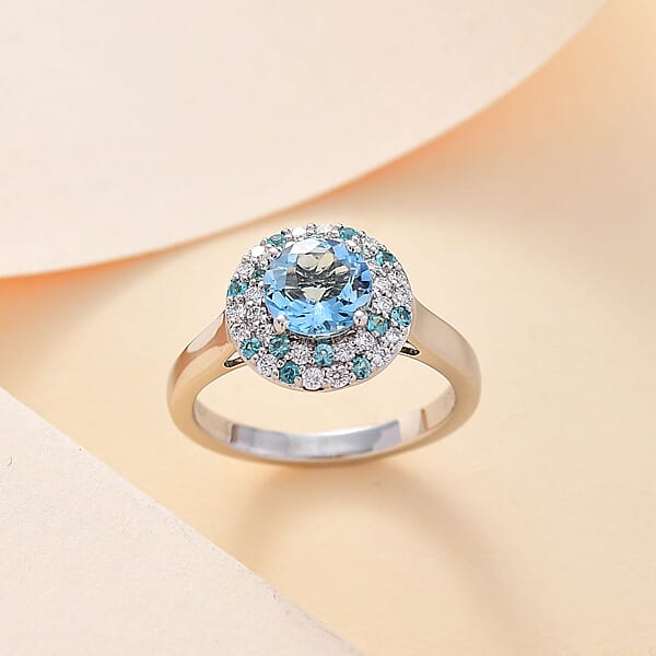 Shop Lc Certified & Appraised Rhapsody AAAA Santa Maria Aquamarine Paraiba Tourmaline And E-F VS Diamond 1.50 Ctw Double Halo Ring In 950 Platinum 6.22 Grams