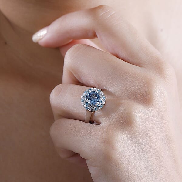 Shop Lc Certified & Appraised Rhapsody AAAA Santa Maria Aquamarine Paraiba Tourmaline And E-F VS Diamond 1.50 Ctw Double Halo Ring In 950 Platinum 6.22 Grams