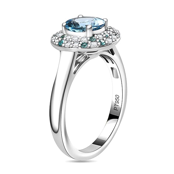 Shop Lc Certified & Appraised Rhapsody AAAA Santa Maria Aquamarine Paraiba Tourmaline And E-F VS Diamond 1.50 Ctw Double Halo Ring In 950 Platinum 6.22 Grams