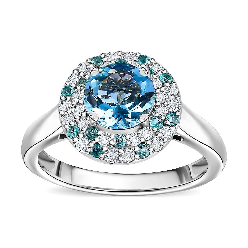 shop lc Certified & Appraised Rhapsody AAAA Santa Maria Aquamarine Paraiba Tourmaline and E-F VS Diamond 1.50 ctw Double Halo Ring in 950 Platinum 6.22 Grams