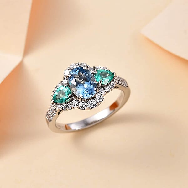 Shop Lc Certified & Appraised Rhapsody AAAA Santa Maria Aquamarine Boyaca Colombian Emerald And E-F VS Diamond 2.00 Ctw Ring In 950 Platinum 5.90 Grams