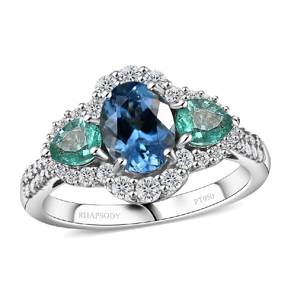 shop lc Certified & Appraised Rhapsody AAAA Santa Maria Aquamarine Boyaca Colombian Emerald and E-F VS Diamond 2.00 ctw Ring in 950 Platinum 5.90 Grams