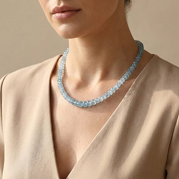 Shop Lc Certified & Appraised Rhapsody AAAA Santa Maria Aquamarine 75.00 Ctw Beaded Necklace In 950 Platinum 18 Inches