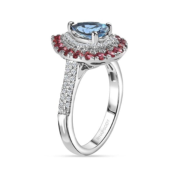 Shop Lc Certified & Appraised Rhapsody AAAA Santa Maria Aquamarine Ouro Fino Rubellite And E-F VS Diamond 2.00 Ctw Double Halo Ring In 950 Platinum 6.78 Grams