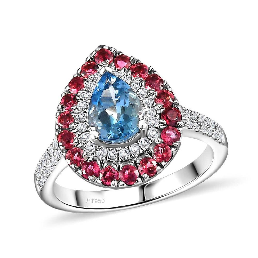 shop lc Certified & Appraised Rhapsody AAAA Santa Maria Aquamarine Ouro Fino Rubellite and E-F VS Diamond 2.00 ctw Double Halo Ring in 950 Platinum 6.78 Grams