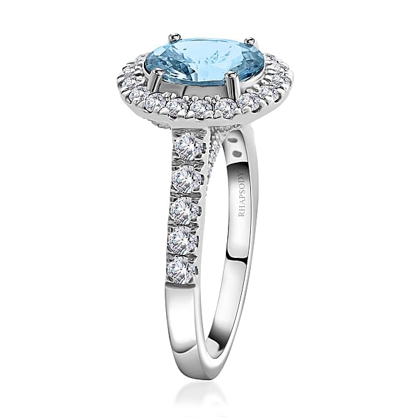 Shop Lc Certified & Appraised Rhapsody AAAA Santa Maria Aquamarine And E-F VS2 Diamond 2.50 Ctw Halo Ring In 950 Platinum 6 Grams