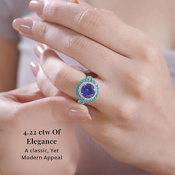 Shop Lc Certified & Appraised Rhapsody AAAA Tanzanite Boyaca Colombian Emerald And E-F VS Diamond 4.22 Ctw Ring In 950 Platinum 7.03 Grams