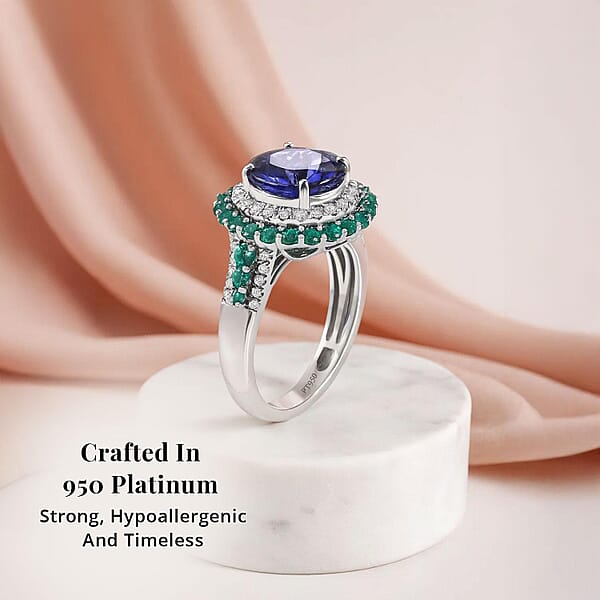 Shop Lc Certified & Appraised Rhapsody AAAA Tanzanite Boyaca Colombian Emerald And E-F VS Diamond 4.22 Ctw Ring In 950 Platinum 7.03 Grams