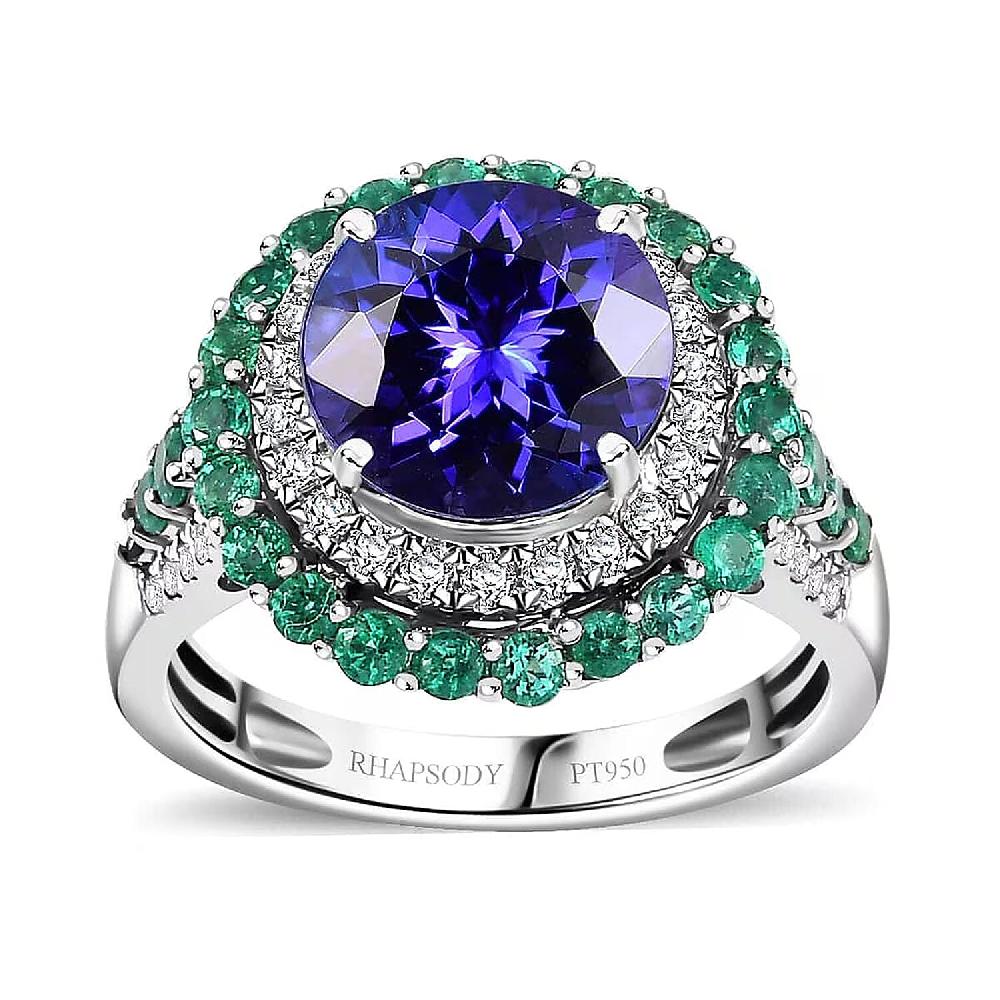 shop lc Certified & Appraised Rhapsody AAAA Tanzanite Boyaca Colombian Emerald and E-F VS Diamond 4.22 ctw Ring in 950 Platinum 7.03 Grams
