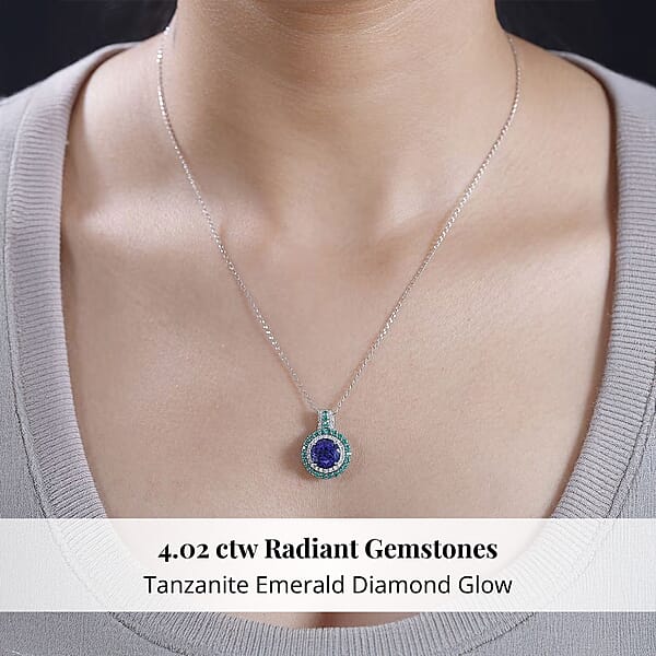 Shop Lc Certified & Appraised Rhapsody AAAA Tanzanite Colombian Emerald And E-F VS Diamond 4.02 Ctw Pendant Necklace In 950 Platinum 6 Grams 18 Inches