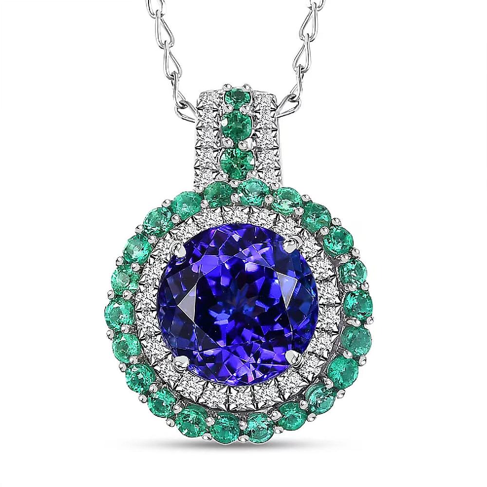 shop lc Certified & Appraised Rhapsody AAAA Tanzanite Colombian Emerald and E-F VS Diamond 4.02 ctw Pendant Necklace in 950 Platinum 6 Grams 18 Inches