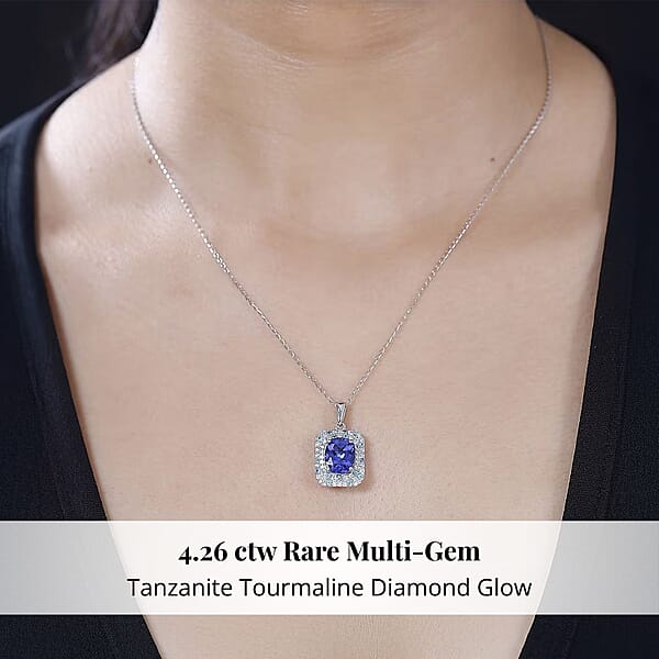 Shop Lc Certified & Appraised Rhapsody AAAA Tanzanite Paraiba Tourmaline And E-F VS Diamond 4.26 Ctw Pendant Necklace In 950 Platinum 18 Inches 6.06 Grams