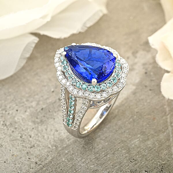 Shop Lc Certified & Appraised Rhapsody AAAA Tanzanite Paraiba Tourmaline And E-F VS Diamond 6.73 Ctw Ring In 950 Platinum 11.50 Grams