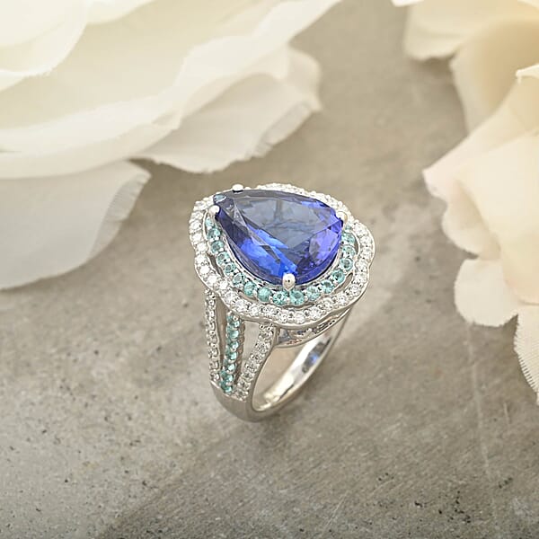 Shop Lc Certified & Appraised Rhapsody AAAA Tanzanite Paraiba Tourmaline And E-F VS Diamond 6.73 Ctw Ring In 950 Platinum 11.50 Grams