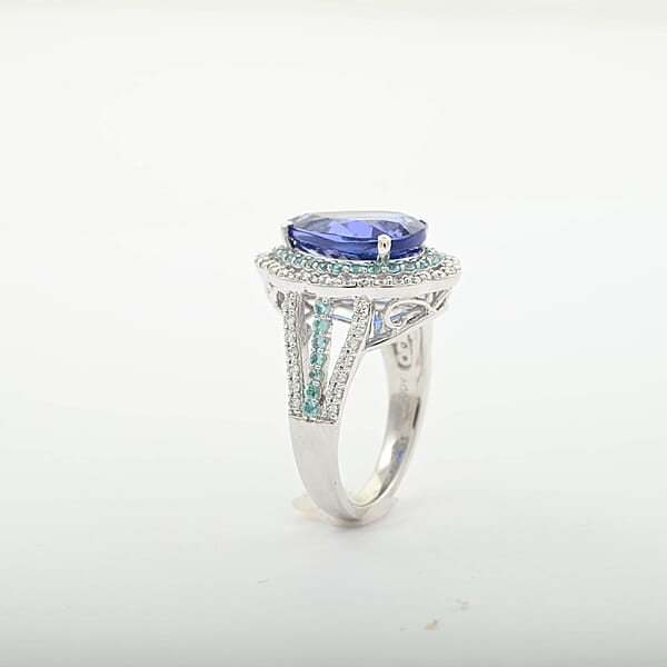 Shop Lc Certified & Appraised Rhapsody AAAA Tanzanite Paraiba Tourmaline And E-F VS Diamond 6.73 Ctw Ring In 950 Platinum 11.50 Grams