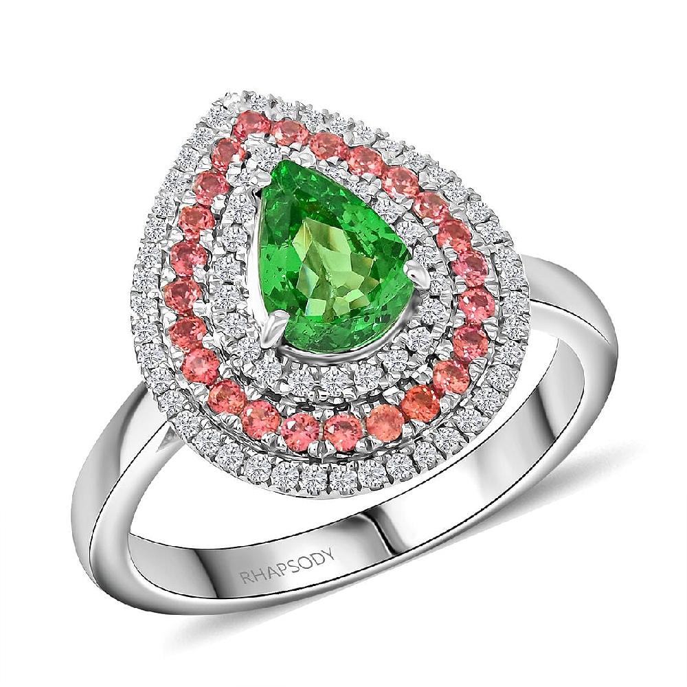 shop lc Certified & Appraised Rhapsody AAAA Tsavorite Garnet Padparadscha Sapphire and E-F VS Diamond 1.85 ctw Ring in 950 Platinum 7.85 Grams
