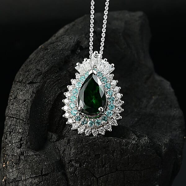 Shop Lc Certified & Appraised Rhapsody AAAA Tsavorite Garnet Paraiba Tourmaline And Diamond E-F VS2 1.80 Ctw Pendant Necklace In 950 Platinum 20 Inches