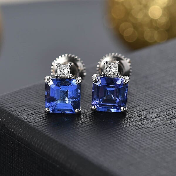 Shop Lc Certified & Appraised Rhapsody Asscher Cut AAAA Tanzanite And E-F VS Diamond 2.69 Ctw Earrings In 950 Platinum