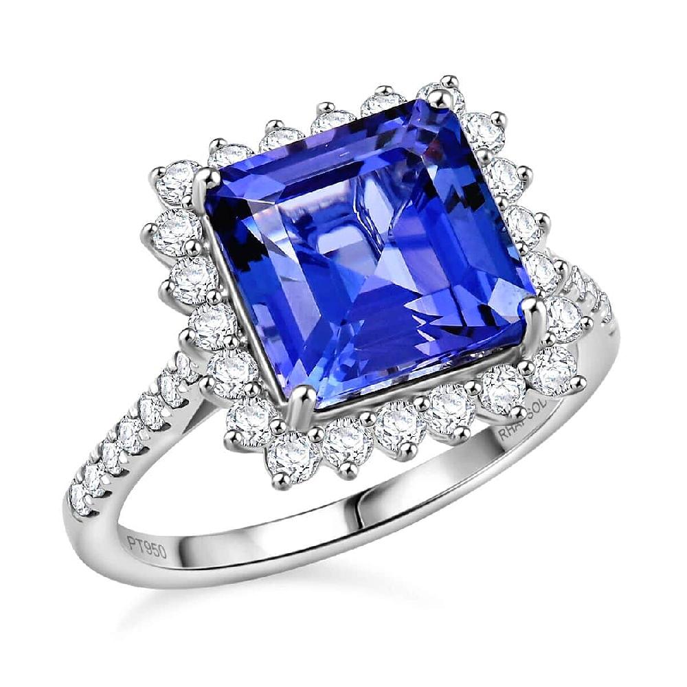 shop lc Certified & Appraised Rhapsody Asscher Cut AAAA Tanzanite and E-F VS Diamond 7.30 ctw Ring in 950 Platinum 7.03 Grams