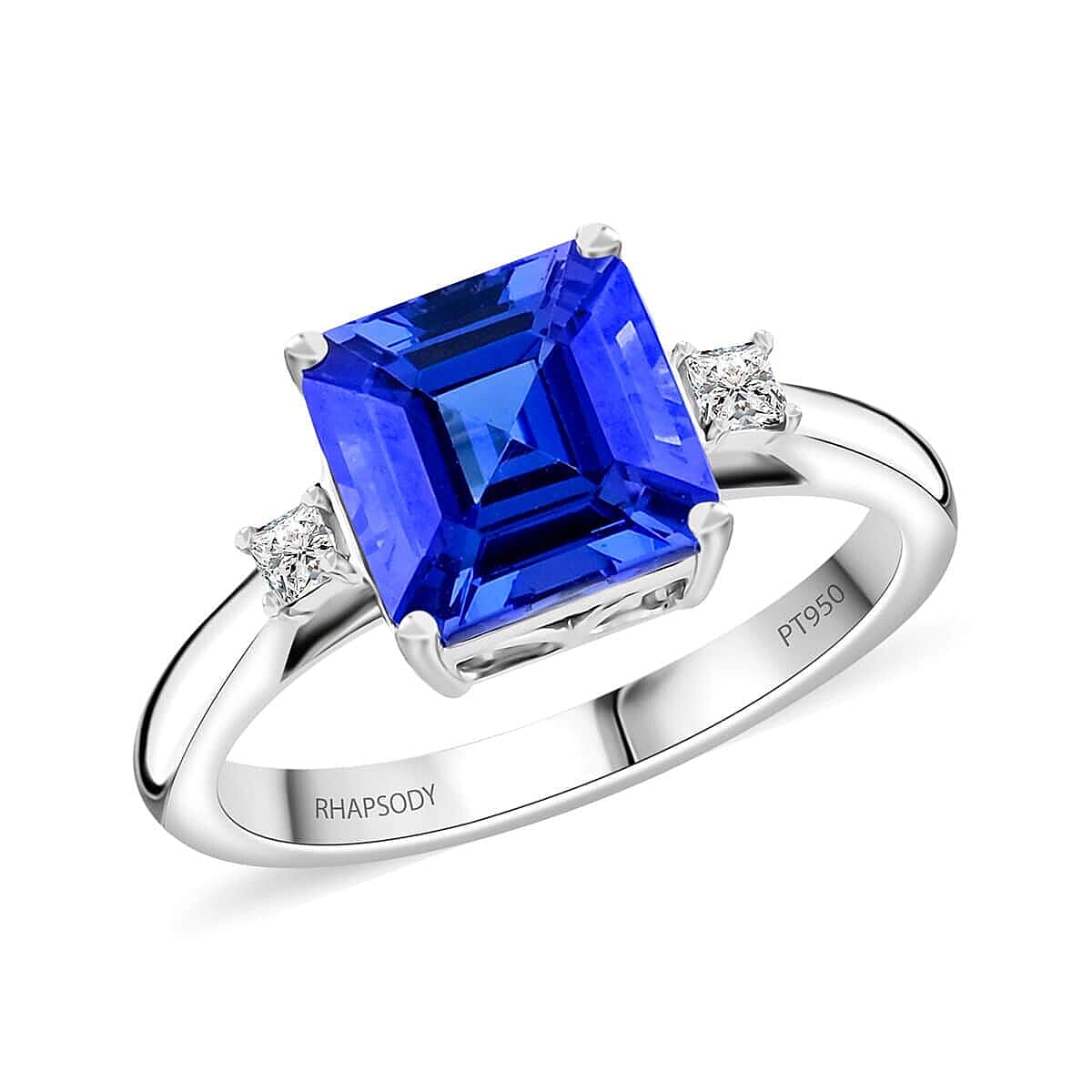 shop lc Certified & Appraised Rhapsody Asscher Cut AAAA Tanzanite and E-F VS Diamond 3.00 ctw Ring in 950 Platinum 5.55 Grams