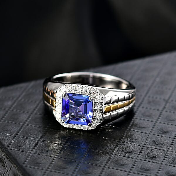 Shop Lc Certified Asscher Cut AAA Tanzanite Diamond Dual-Tone Men's Ring In 10K White And Yellow Gold 3.00 Ctw