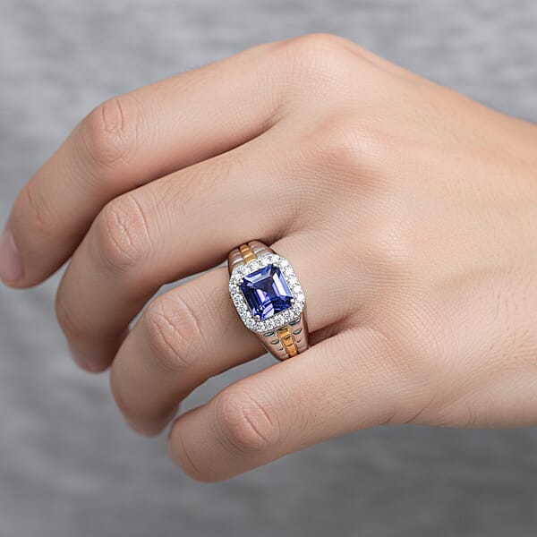 Shop Lc Certified Asscher Cut AAA Tanzanite Diamond Dual-Tone Men's Ring In 10K White And Yellow Gold 3.00 Ctw