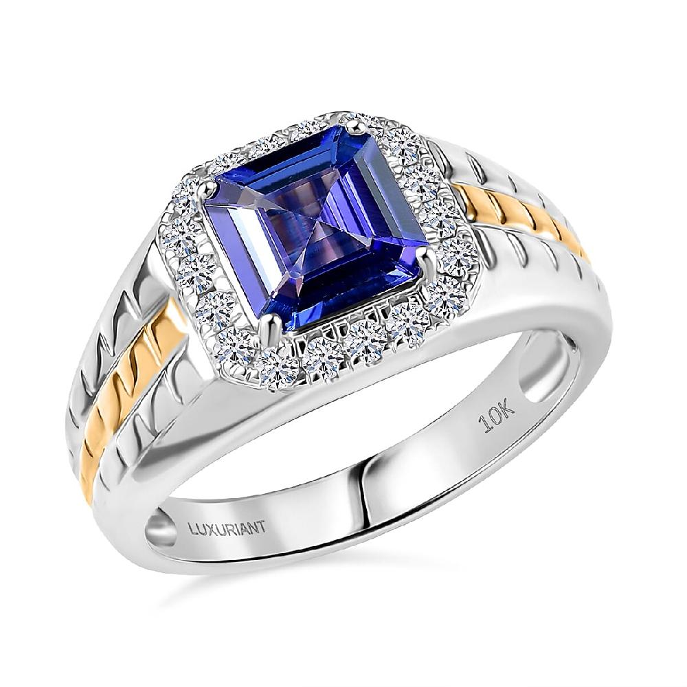 shop lc Certified Asscher Cut AAA Tanzanite Diamond Dual-Tone Men's Ring in 10K White and Yellow Gold 3.00 ctw