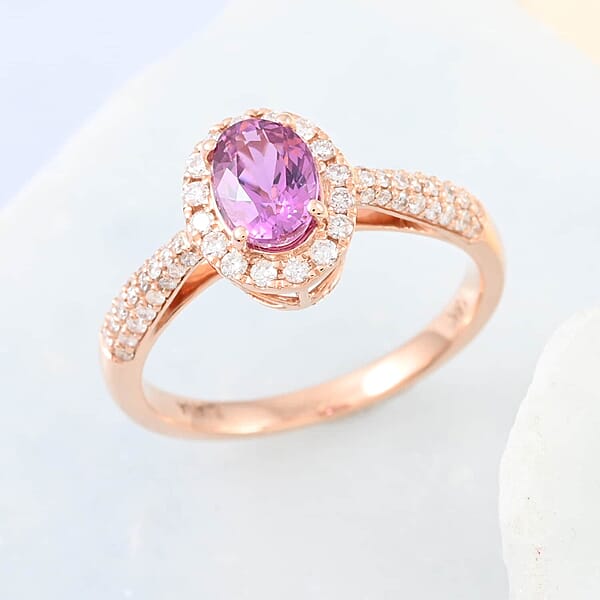 Shop Lc Certified Iliana 18K Rose Gold AAA Madagascar Pink Sapphire And G-H SI Diamond Halo Ring 1.35 Ctw