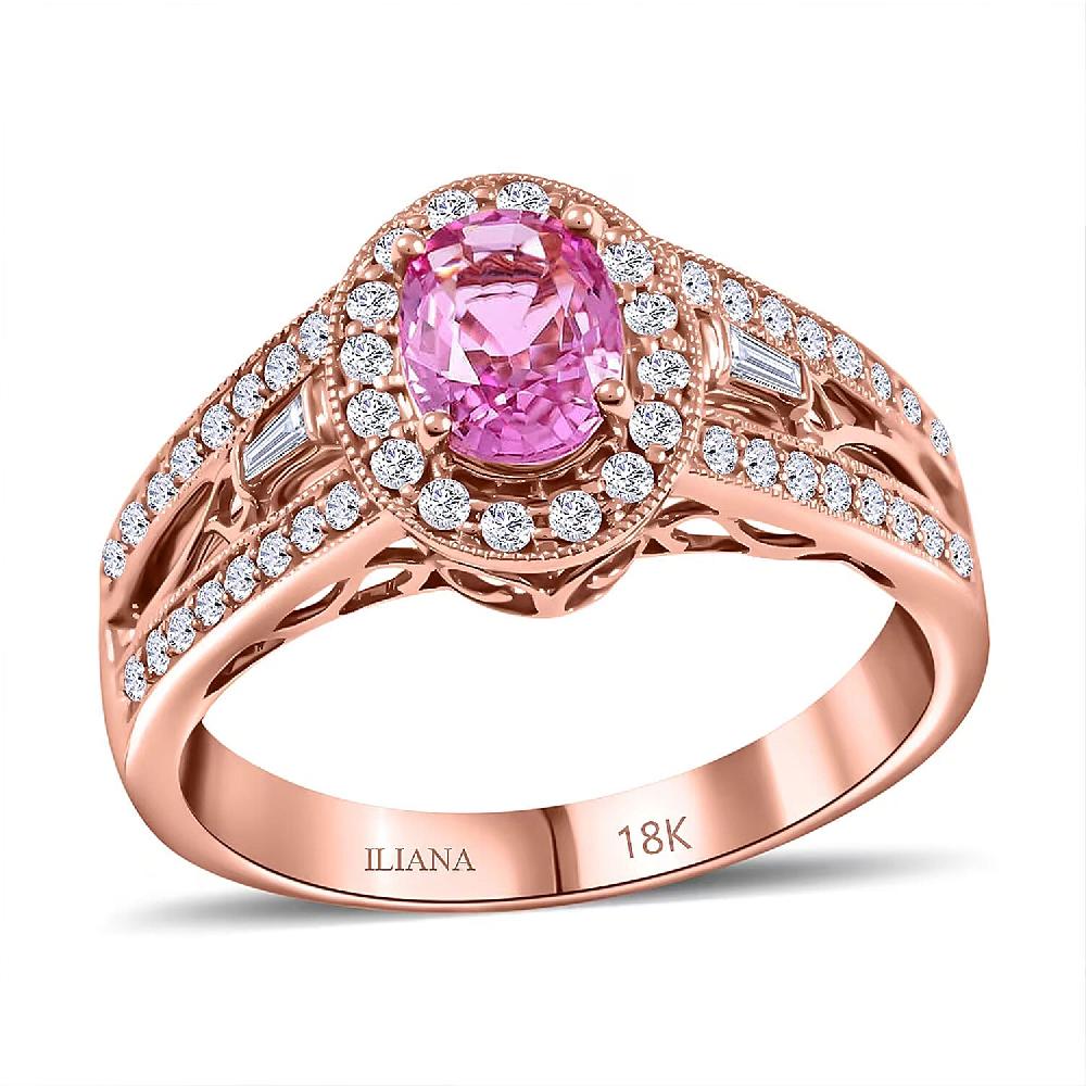 shop lc Certified Iliana 18K Rose Gold AAA Madagascar Pink Sapphire Diamond (G-H SI) (0.37 cts) Halo Ring (5.50 g) 1.40 ctw