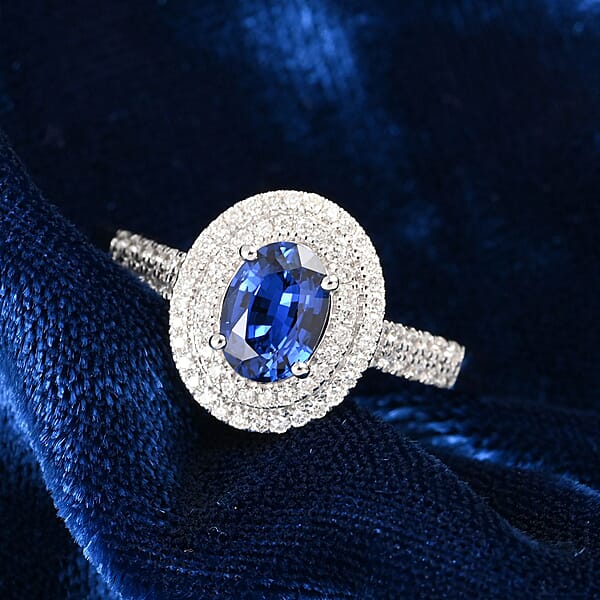 Shop Lc Certified Iliana 18K White Gold AAA Royal Ceylon Sapphire And G-H SI Diamond Double Halo Ring 2.80 Ctw