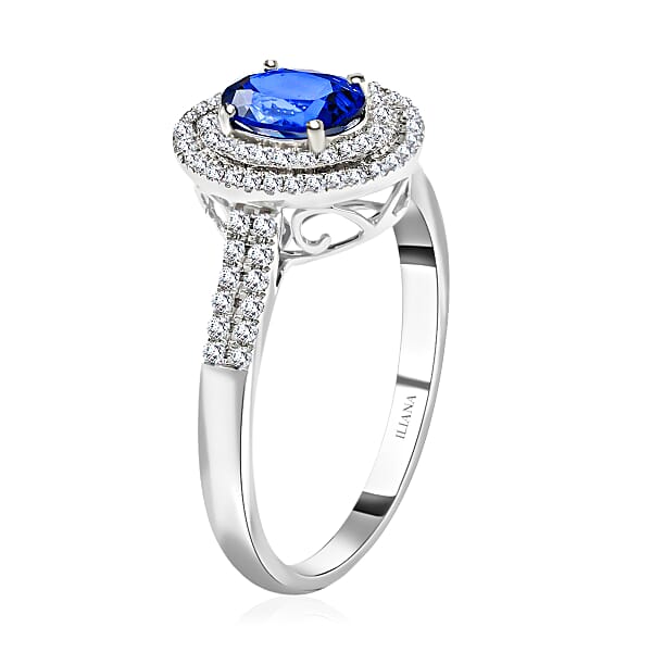 Shop Lc Certified Iliana 18K White Gold AAA Royal Ceylon Sapphire And G-H SI Diamond Double Halo Ring 2.80 Ctw