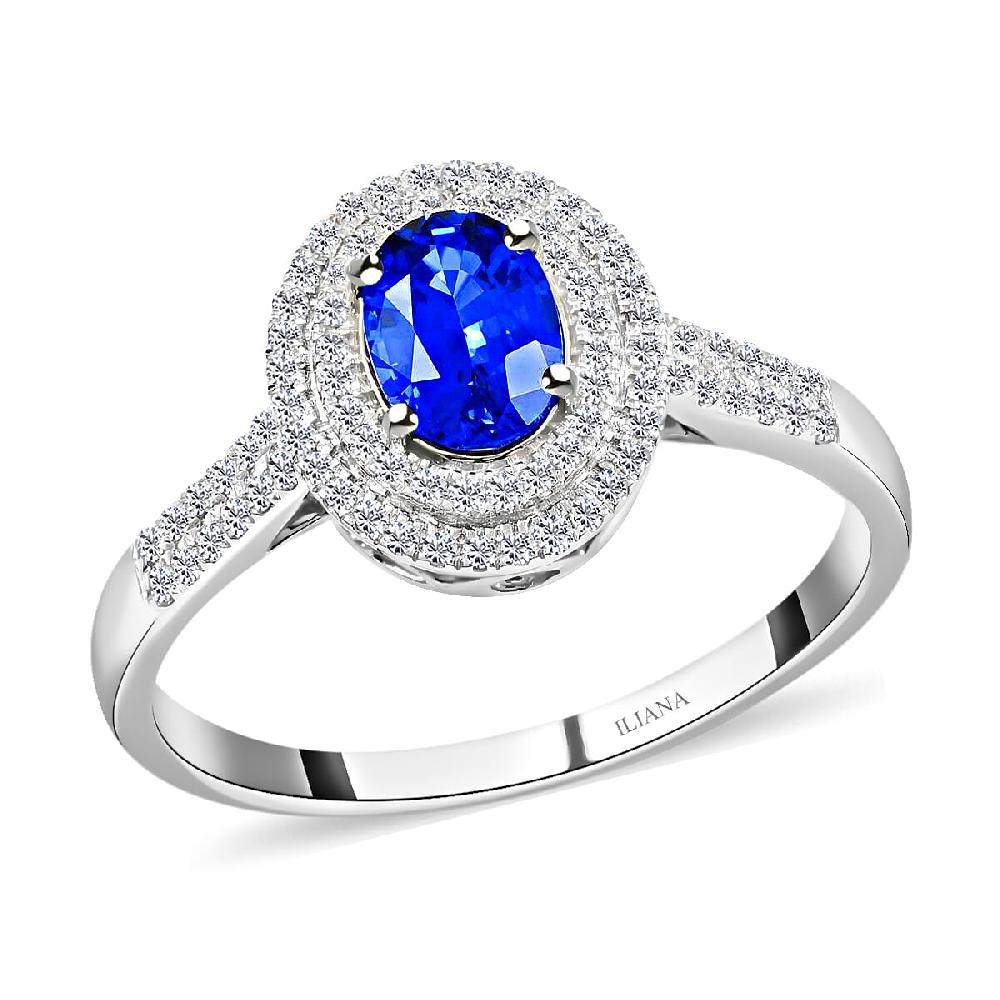 shop lc Certified Iliana 18K White Gold AAA Royal Ceylon Sapphire and G-H SI Diamond Double Halo Ring 2.80 ctw
