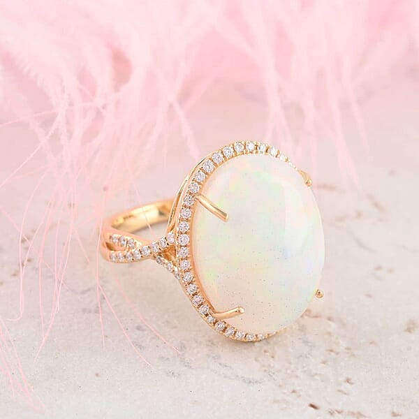 Shop Lc Certified Iliana 18K Yellow Gold AAA Ethiopian Welo Opal And G-H SI Diamond Halo Ring 5.85 Grams 9.50 Ctw