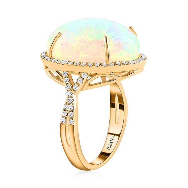 Shop Lc Certified Iliana 18K Yellow Gold AAA Ethiopian Welo Opal And G-H SI Diamond Halo Ring 5.85 Grams 9.50 Ctw