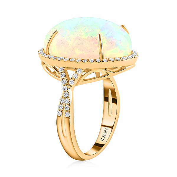 Shop Lc Certified Iliana 18K Yellow Gold AAA Ethiopian Welo Opal And G-H SI Diamond Halo Ring 5.85 Grams 9.50 Ctw