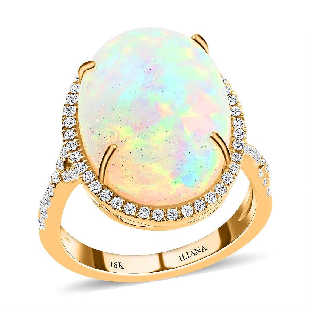 shop lc Certified Iliana 18K Yellow Gold AAA Ethiopian Welo Opal and G-H SI Diamond Halo Ring 5.85 Grams 9.50 ctw