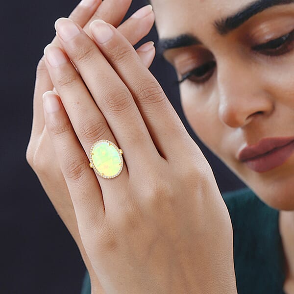 Shop Lc Certified Iliana 18K Yellow Gold AAA Ethiopian Welo Opal And G-H SI Diamond Ring 7.85 Grams 12.85 Ctw