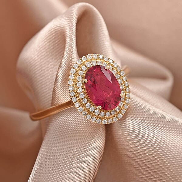 Shop Lc Certified Iliana 18K Yellow Gold AAA Ouro Fino Rubellite And G-H SI Diamond Double Halo Ring 1.60 Ctw
